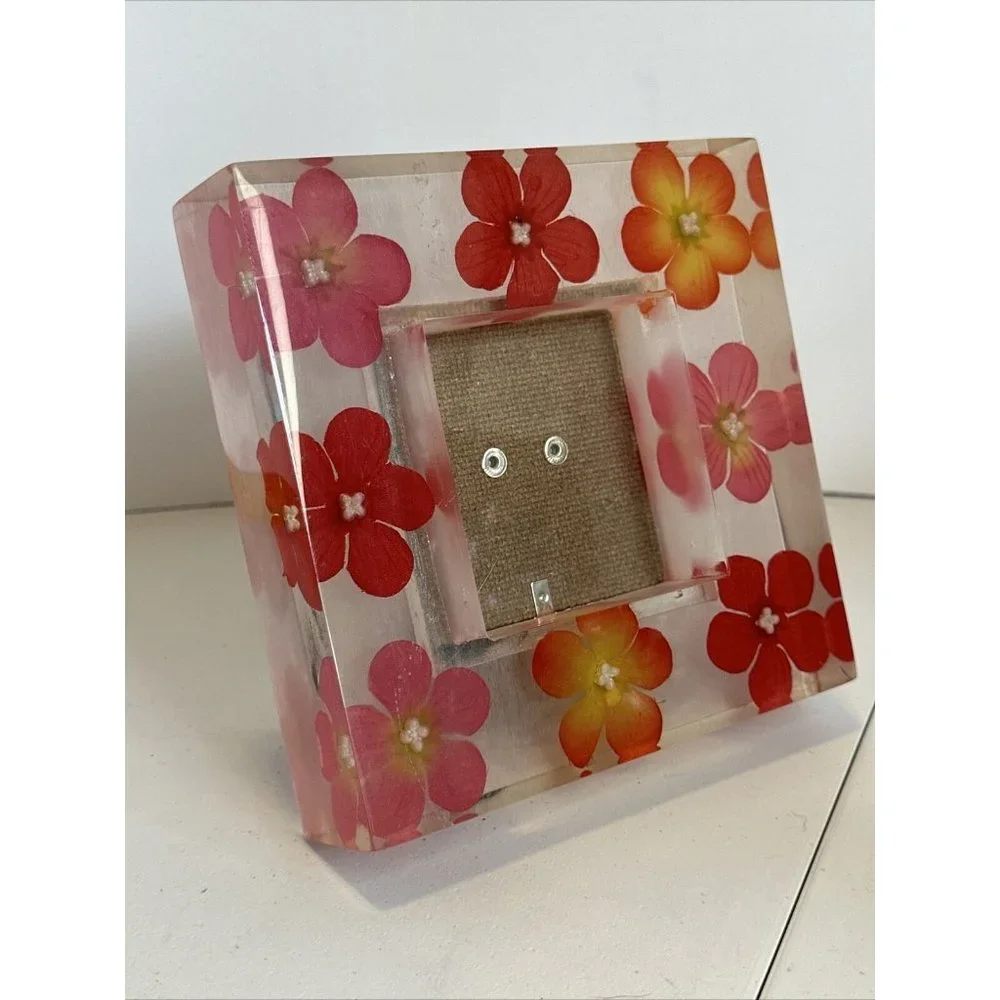 Acrylic Lucite Mod 3D Encased Pink Silk Flower Vtg 5.5